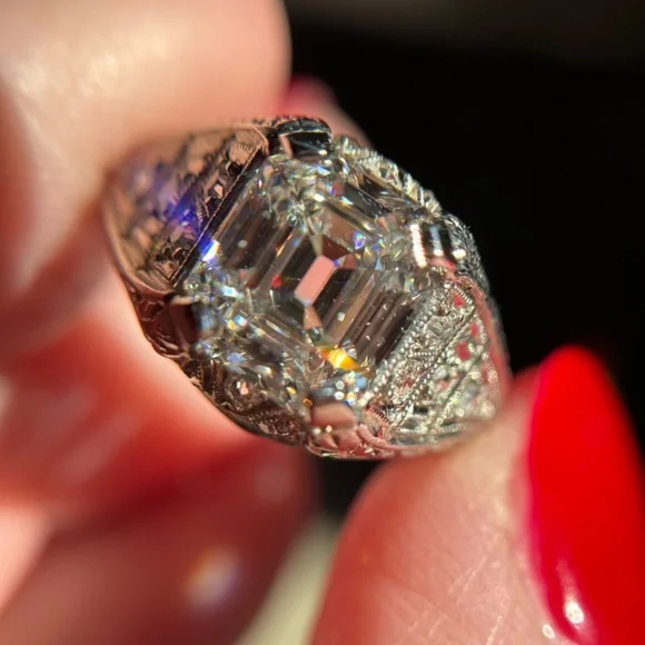 Antique Platinum Emerald Cut Diamond 2.91 ctw Engagement Ring IGI Certified - Picture 16 of 17